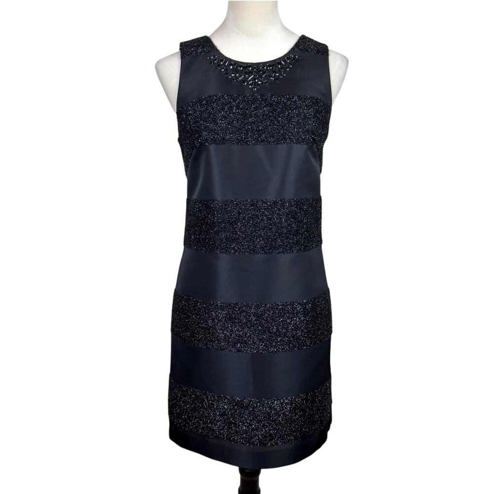 Vince Camuto Black Sparkle Embellished Stripe Sheath Cocktail Party Dress